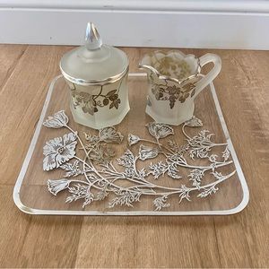 50s Silver City Glass Sterling Silver Overlay Lid Sugar Bowl, Creamer, Tray Set‎